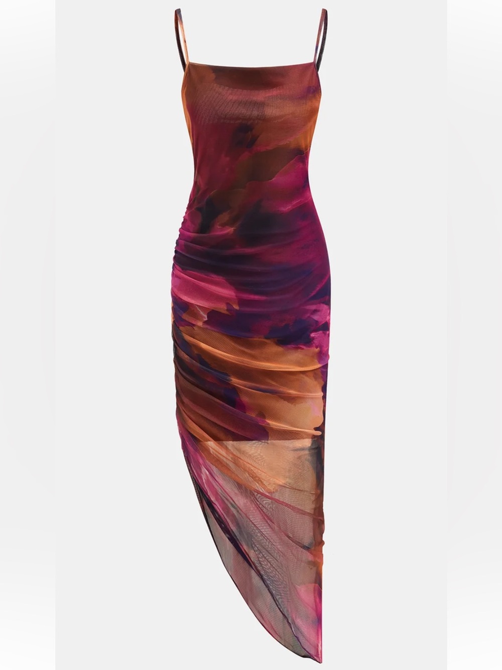 Commense Asymmetric Hem Tie Dye Mesh Maxi Dress